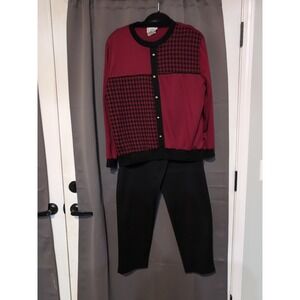 Cricket Lane Women's Large Knit Top & Pants, Burgundy Cardigan & Black Pants